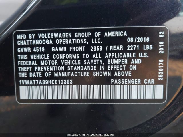 Photo 8 VIN: 1VWAT7A39HC012393 - VOLKSWAGEN PASSAT 