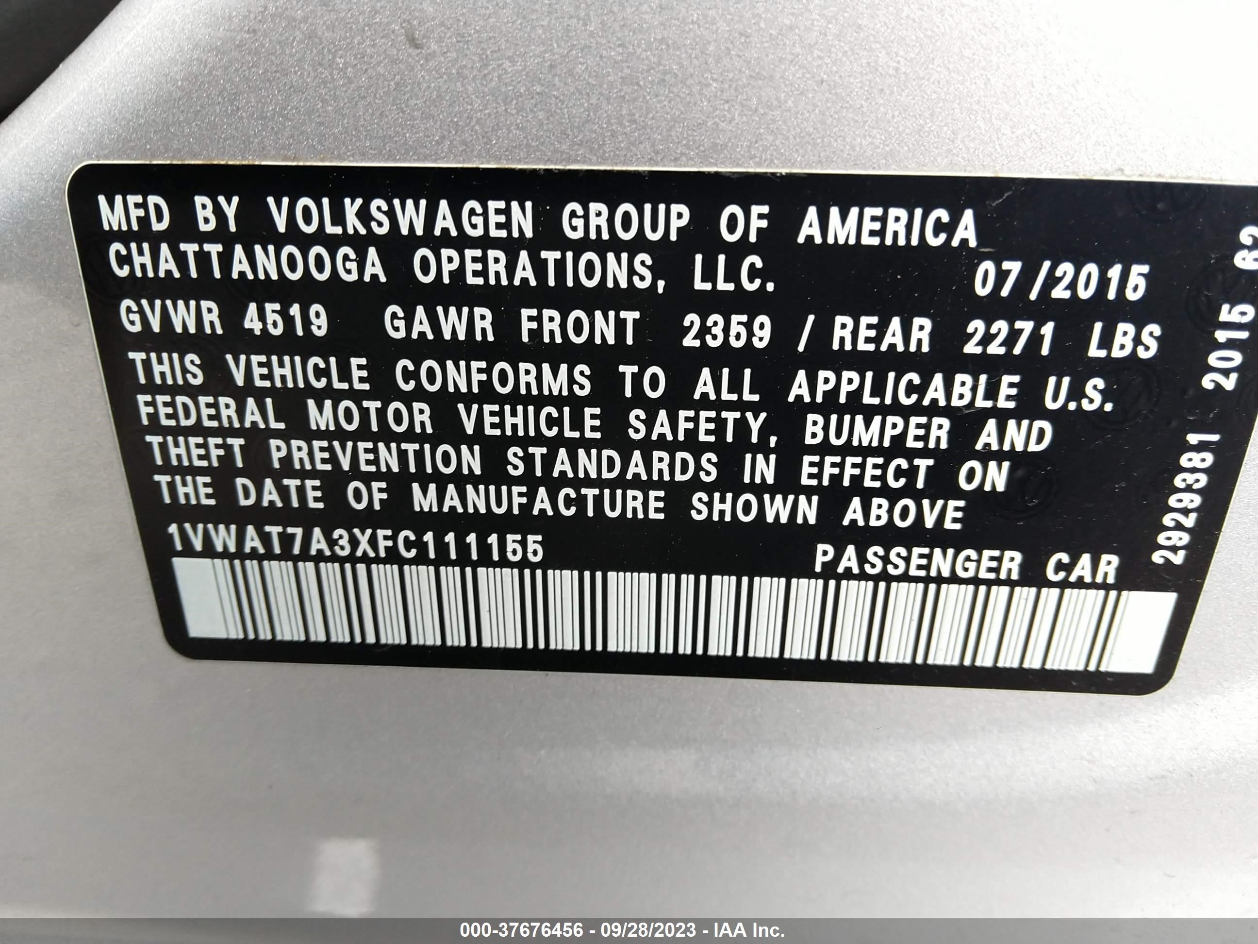 Photo 8 VIN: 1VWAT7A3XFC111155 - VOLKSWAGEN PASSAT 