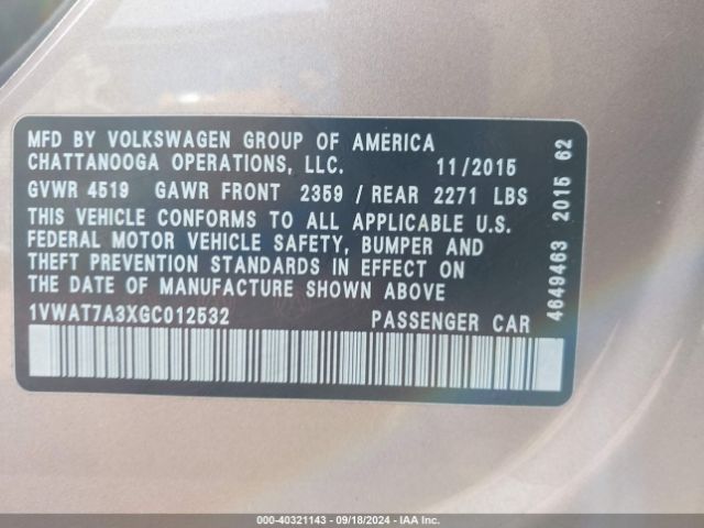 Photo 8 VIN: 1VWAT7A3XGC012532 - VOLKSWAGEN PASSAT 