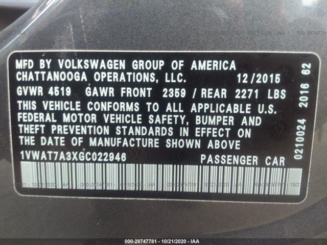 Photo 8 VIN: 1VWAT7A3XGC022946 - VOLKSWAGEN PASSAT 