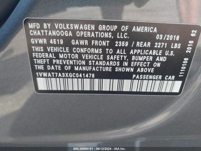 Photo 8 VIN: 1VWAT7A3XGC041478 - VOLKSWAGEN PASSAT 