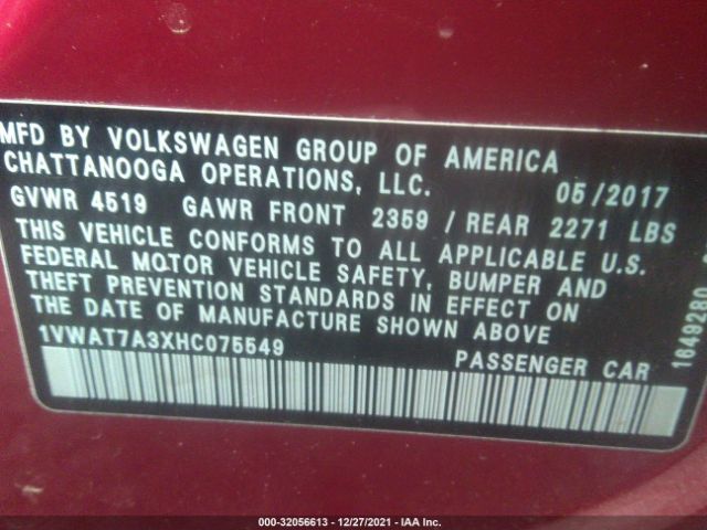 Photo 8 VIN: 1VWAT7A3XHC075549 - VOLKSWAGEN PASSAT 