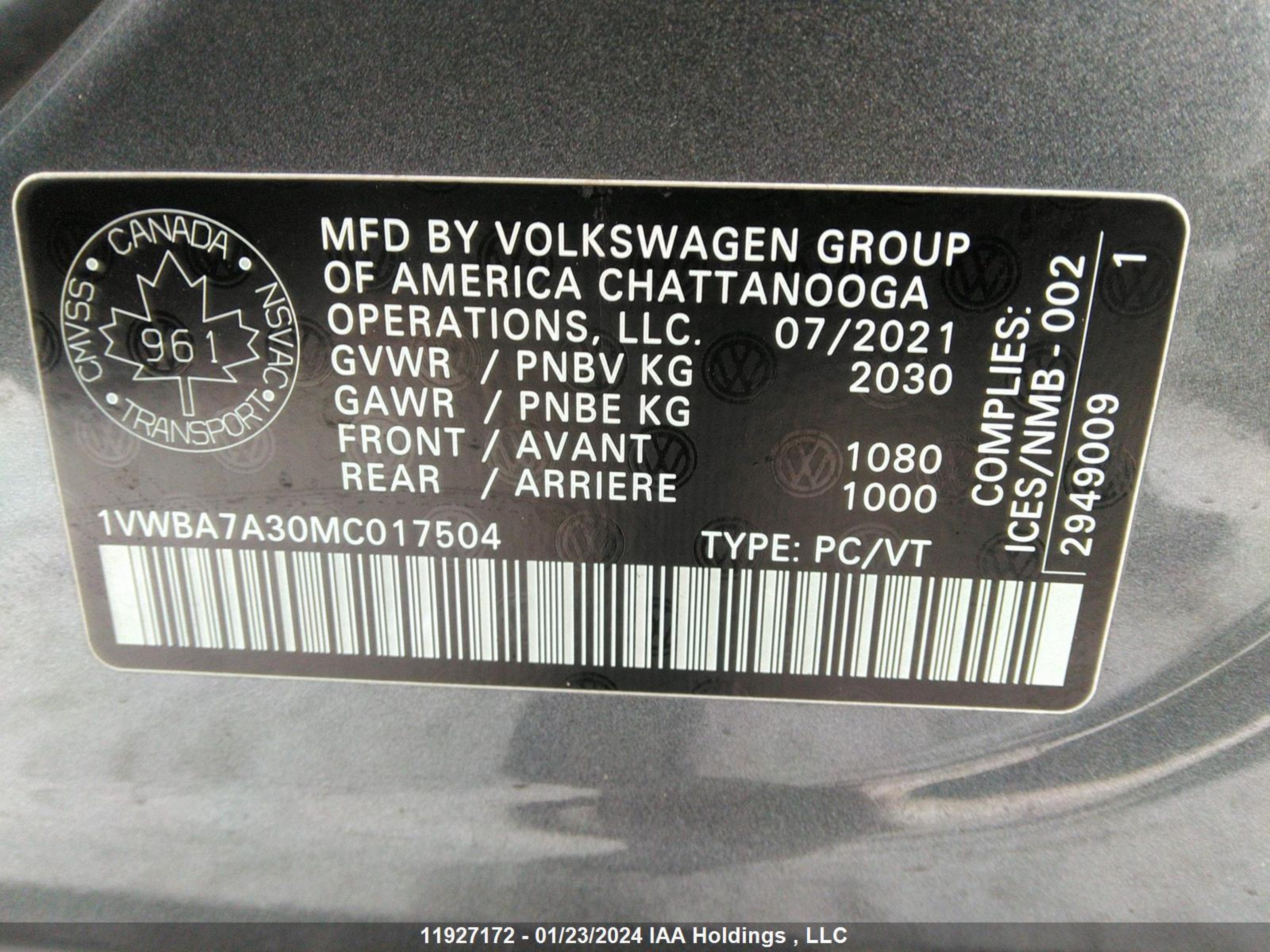 Photo 8 VIN: 1VWBA7A30MC017504 - VOLKSWAGEN PASSAT 