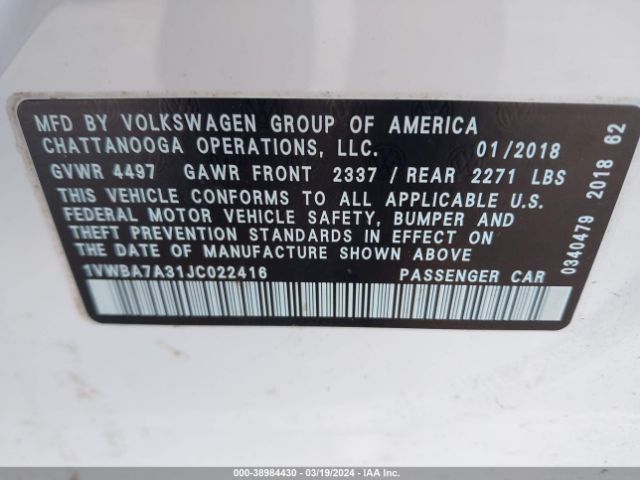 Photo 8 VIN: 1VWBA7A31JC022416 - VOLKSWAGEN PASSAT 