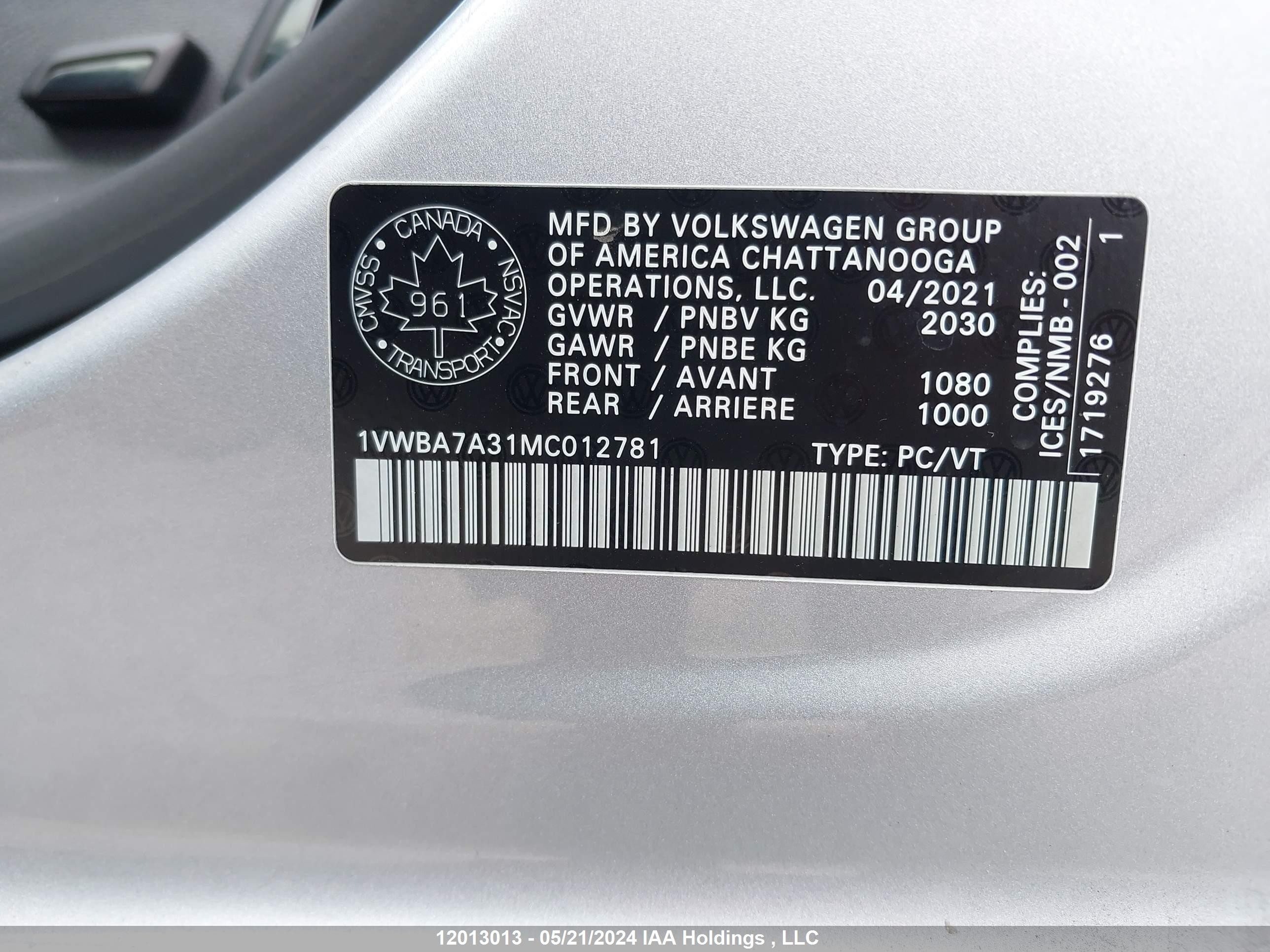 Photo 8 VIN: 1VWBA7A31MC012781 - VOLKSWAGEN PASSAT 