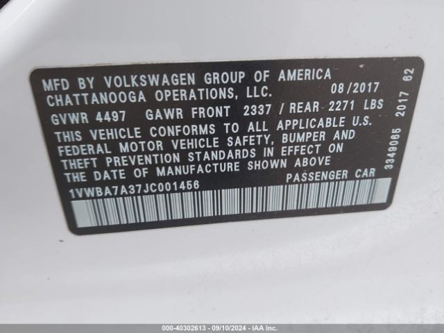 Photo 8 VIN: 1VWBA7A37JC001456 - VOLKSWAGEN PASSAT 