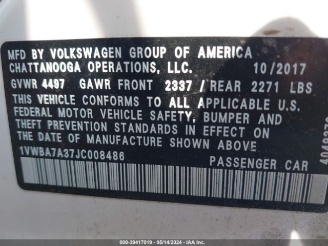 Photo 8 VIN: 1VWBA7A37JC008486 - VOLKSWAGEN PASSAT 