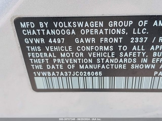 Photo 8 VIN: 1VWBA7A37JC026065 - VOLKSWAGEN PASSAT 