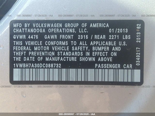 Photo 8 VIN: 1VWBH7A30DC088732 - VOLKSWAGEN PASSAT 