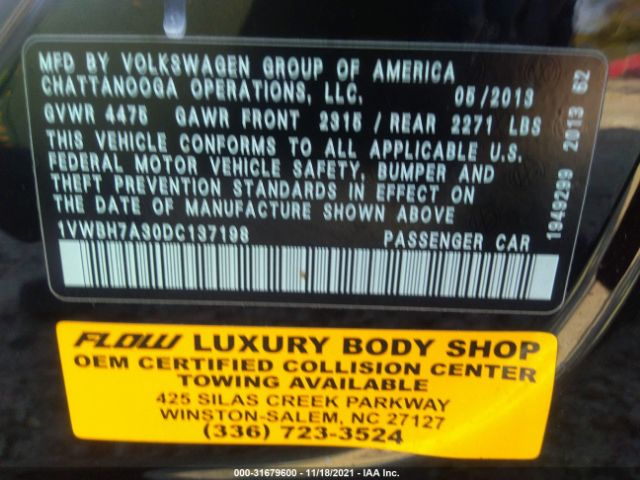 Photo 8 VIN: 1VWBH7A30DC137198 - VOLKSWAGEN PASSAT 