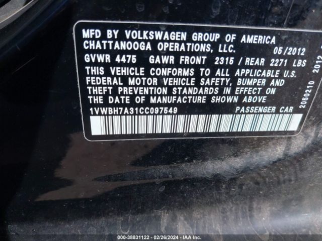 Photo 8 VIN: 1VWBH7A31CC097549 - VOLKSWAGEN PASSAT 