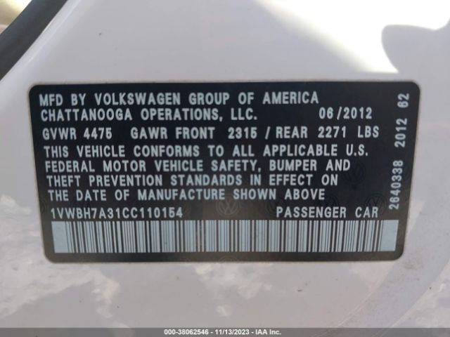 Photo 8 VIN: 1VWBH7A31CC110154 - VOLKSWAGEN PASSAT 