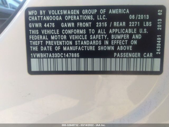 Photo 8 VIN: 1VWBH7A33DC147885 - VOLKSWAGEN PASSAT 