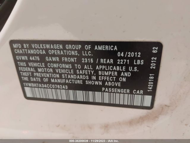 Photo 8 VIN: 1VWBH7A34CC076243 - VOLKSWAGEN PASSAT 