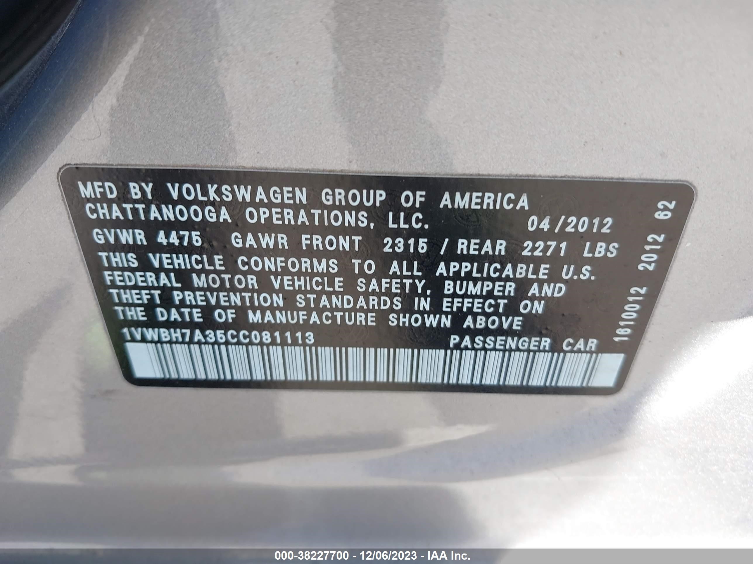 Photo 8 VIN: 1VWBH7A35CC081113 - VOLKSWAGEN PASSAT 