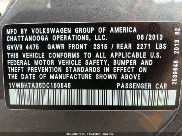 Photo 8 VIN: 1VWBH7A35DC150545 - VOLKSWAGEN PASSAT 