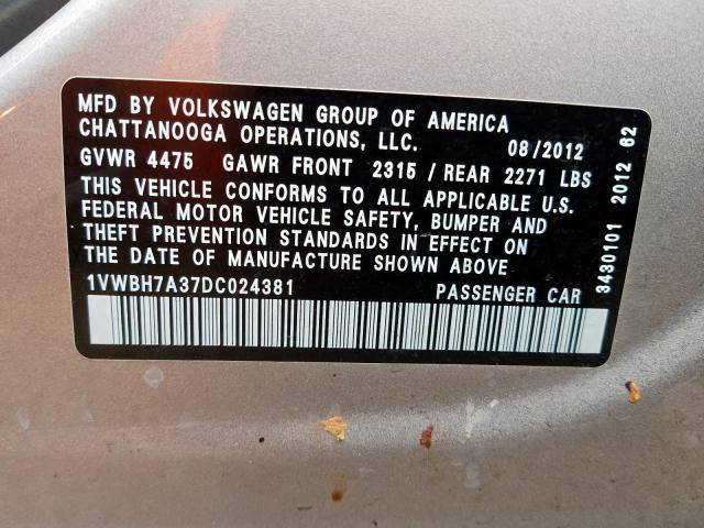 Photo 9 VIN: 1VWBH7A37DC024381 - VOLKSWAGEN PASSAT 