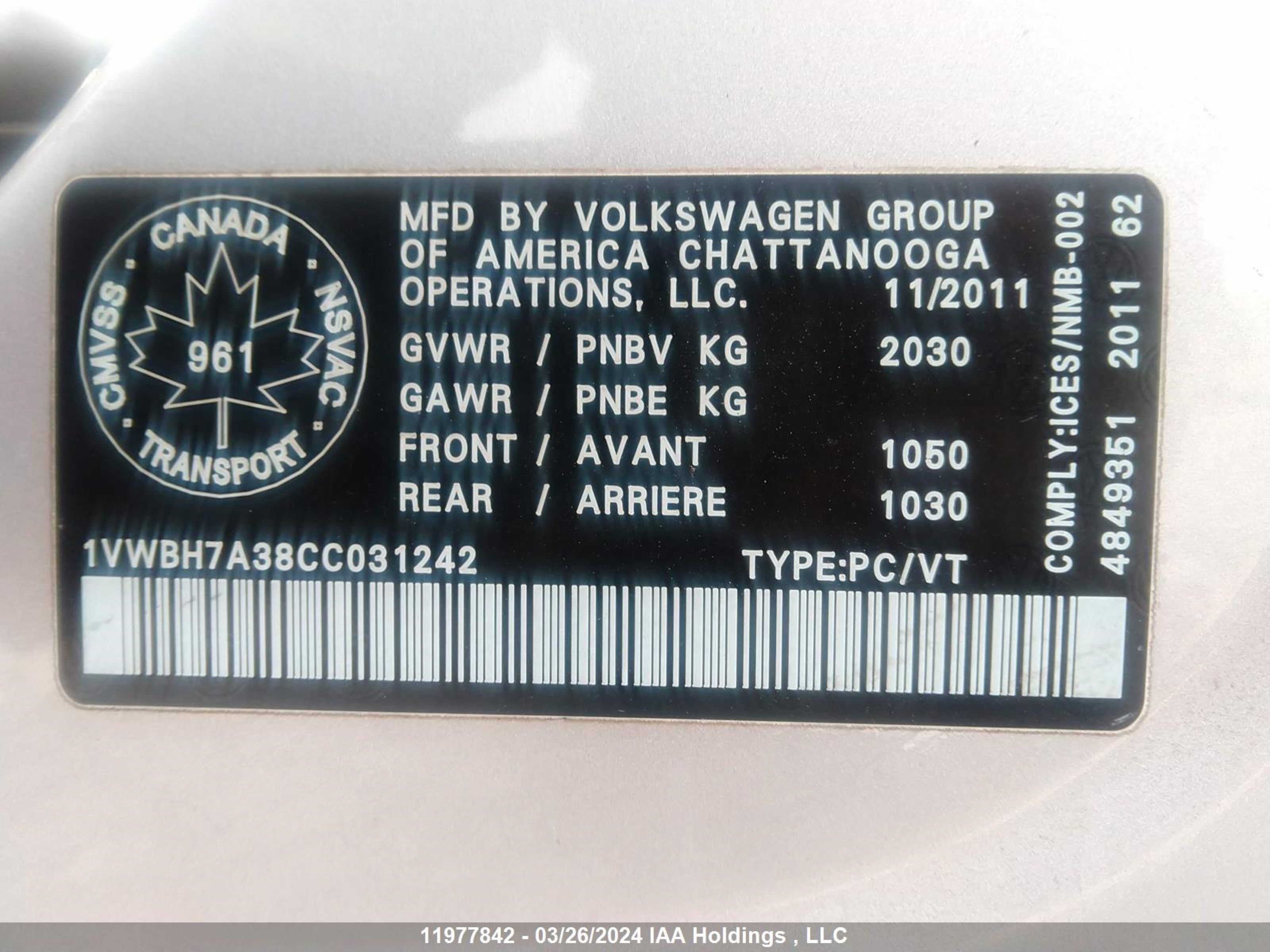 Photo 8 VIN: 1VWBH7A38CC031242 - VOLKSWAGEN PASSAT 