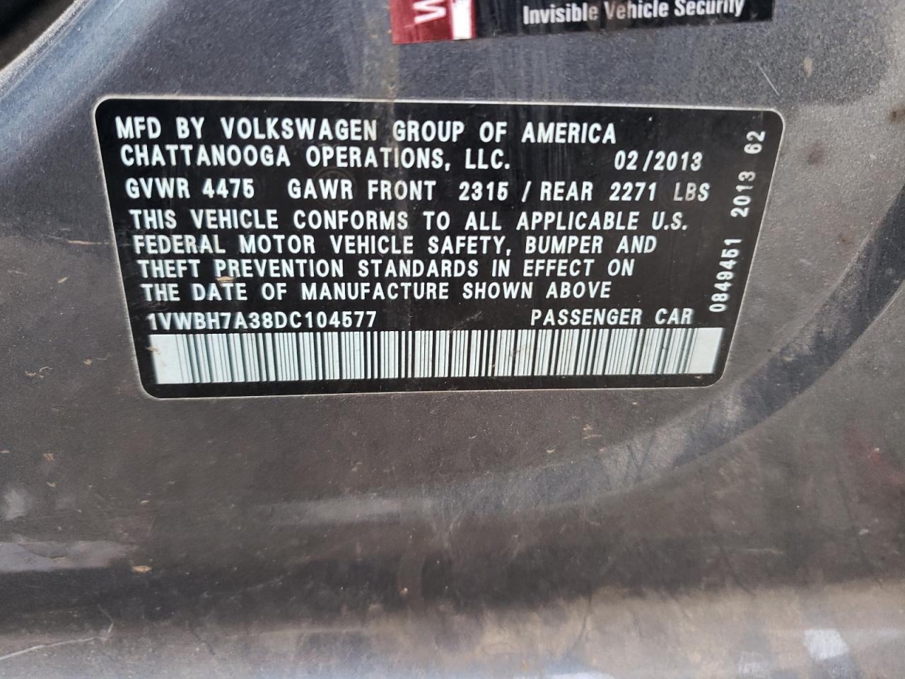 Photo 12 VIN: 1VWBH7A38DC104577 - VOLKSWAGEN PASSAT 