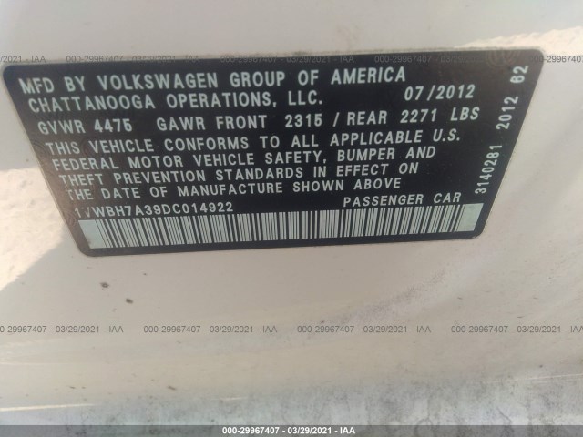 Photo 8 VIN: 1VWBH7A39DC014922 - VOLKSWAGEN PASSAT 