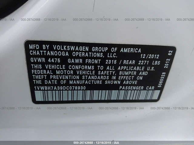 Photo 8 VIN: 1VWBH7A39DC078930 - VOLKSWAGEN PASSAT 