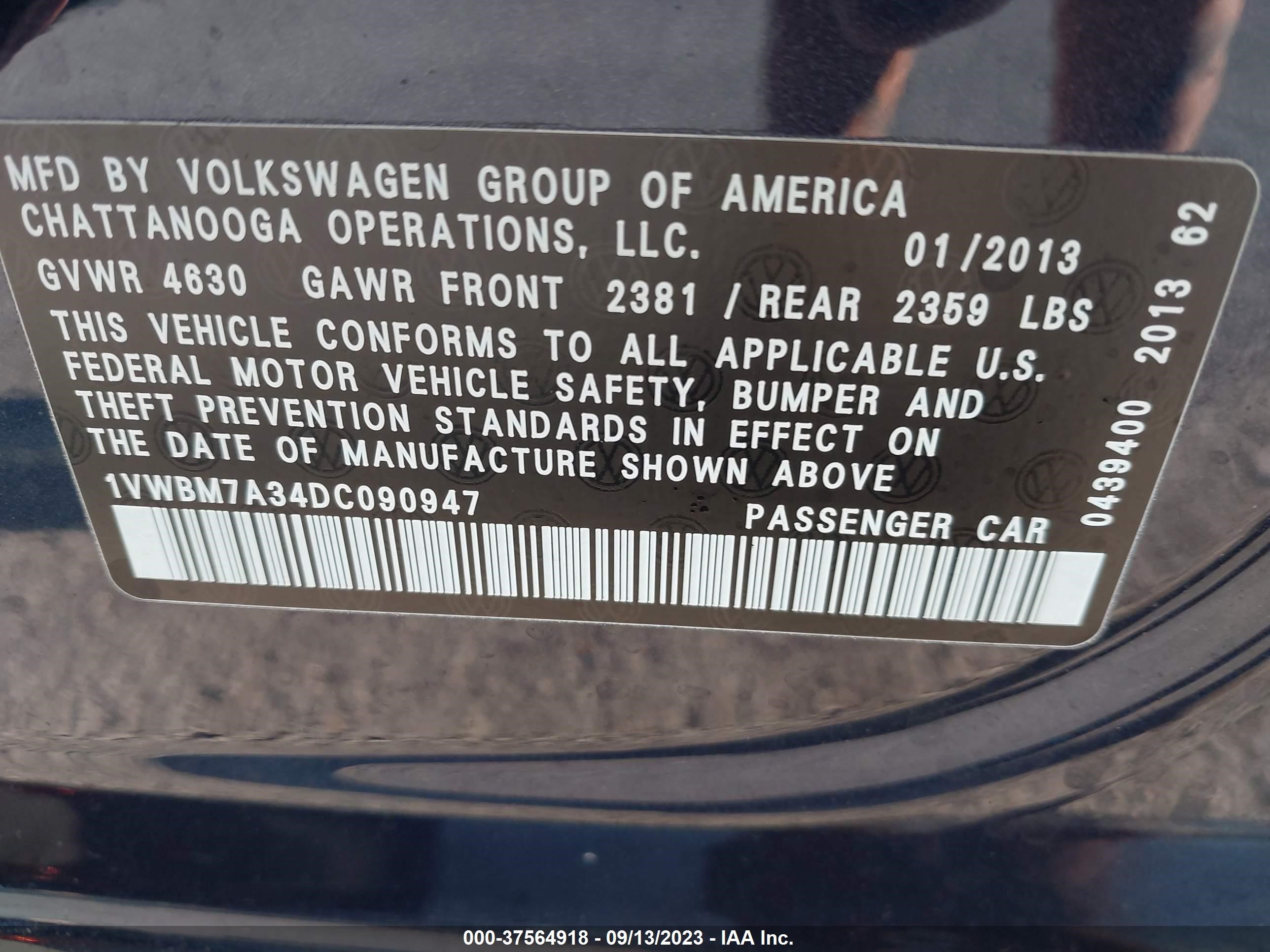 Photo 8 VIN: 1VWBM7A34DC090947 - VOLKSWAGEN PASSAT 