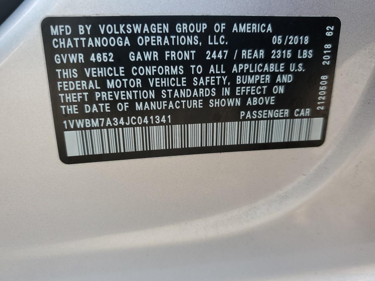 Photo 11 VIN: 1VWBM7A34JC041341 - VOLKSWAGEN PASSAT 