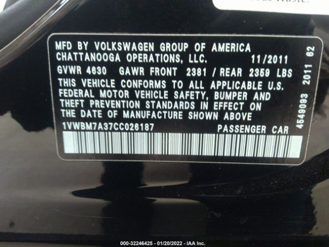 Photo 8 VIN: 1VWBM7A37CC026187 - VOLKSWAGEN PASSAT 