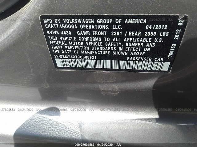 Photo 8 VIN: 1VWBM7A37CC085921 - VOLKSWAGEN PASSAT 