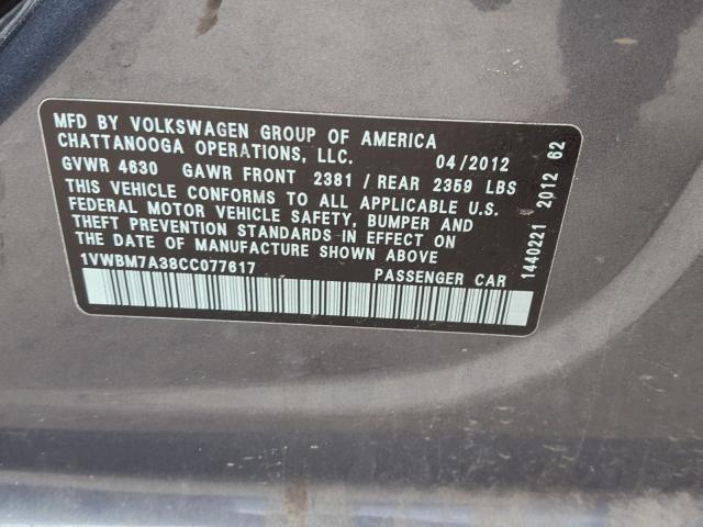 Photo 9 VIN: 1VWBM7A38CC077617 - VOLKSWAGEN PASSAT 