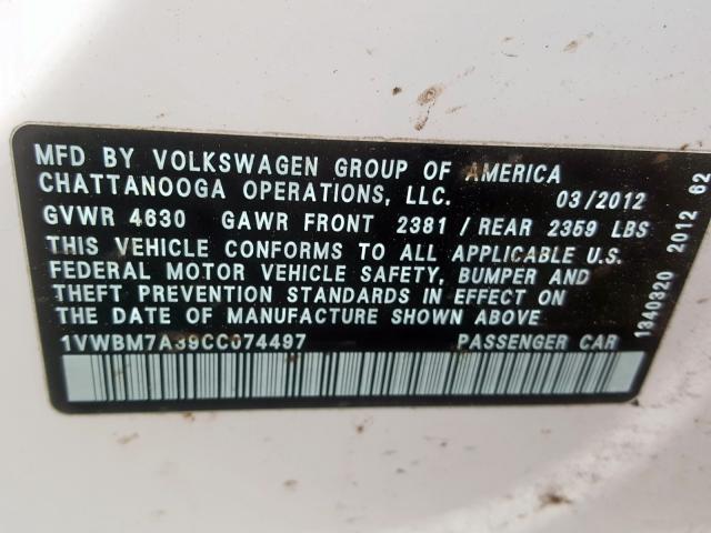 Photo 9 VIN: 1VWBM7A39CC074497 - VOLKSWAGEN PASSAT 