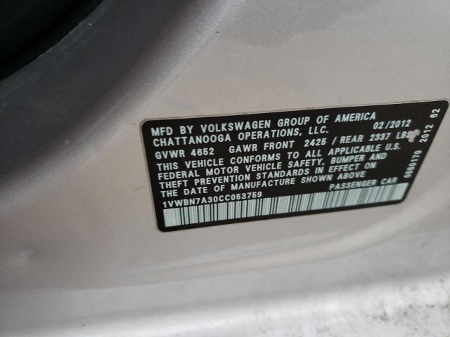 Photo 9 VIN: 1VWBN7A30CC053759 - VOLKSWAGEN PASSAT 