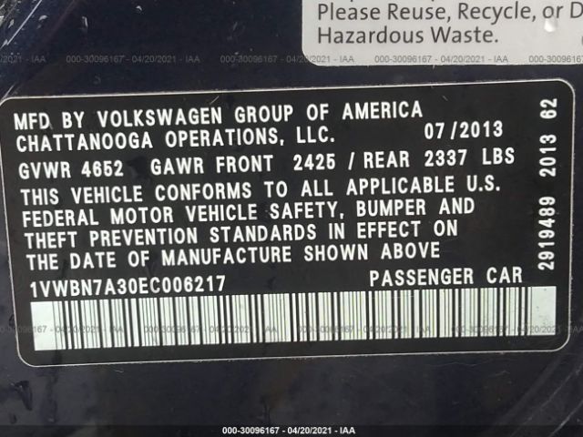 Photo 8 VIN: 1VWBN7A30EC006217 - VOLKSWAGEN PASSAT 