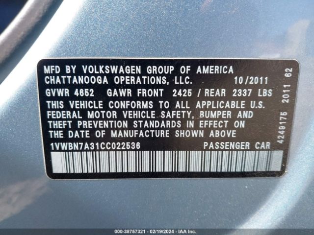 Photo 8 VIN: 1VWBN7A31CC022536 - VOLKSWAGEN PASSAT 