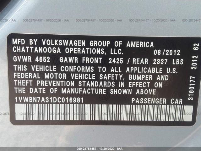 Photo 8 VIN: 1VWBN7A31DC016981 - VOLKSWAGEN PASSAT 