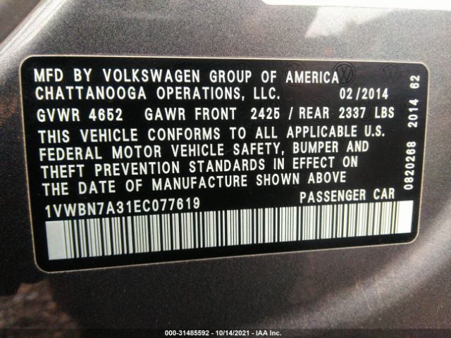 Photo 8 VIN: 1VWBN7A31EC077619 - VOLKSWAGEN PASSAT 