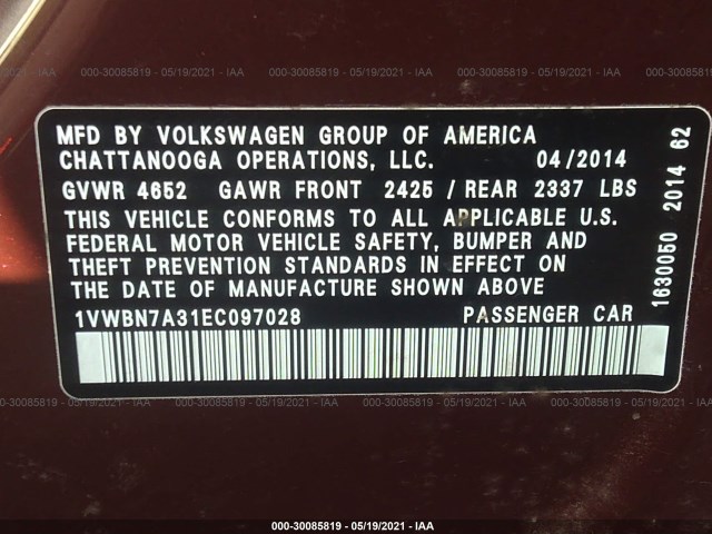 Photo 8 VIN: 1VWBN7A31EC097028 - VOLKSWAGEN PASSAT 