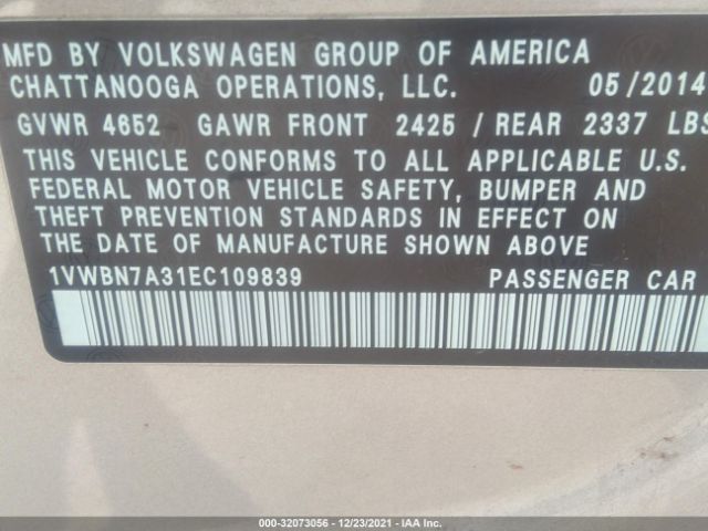 Photo 8 VIN: 1VWBN7A31EC109839 - VOLKSWAGEN PASSAT 