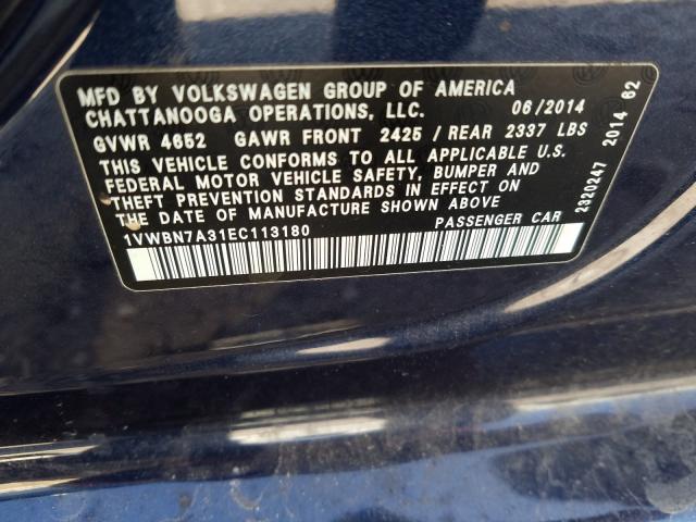 Photo 9 VIN: 1VWBN7A31EC113180 - VOLKSWAGEN PASSAT SE 