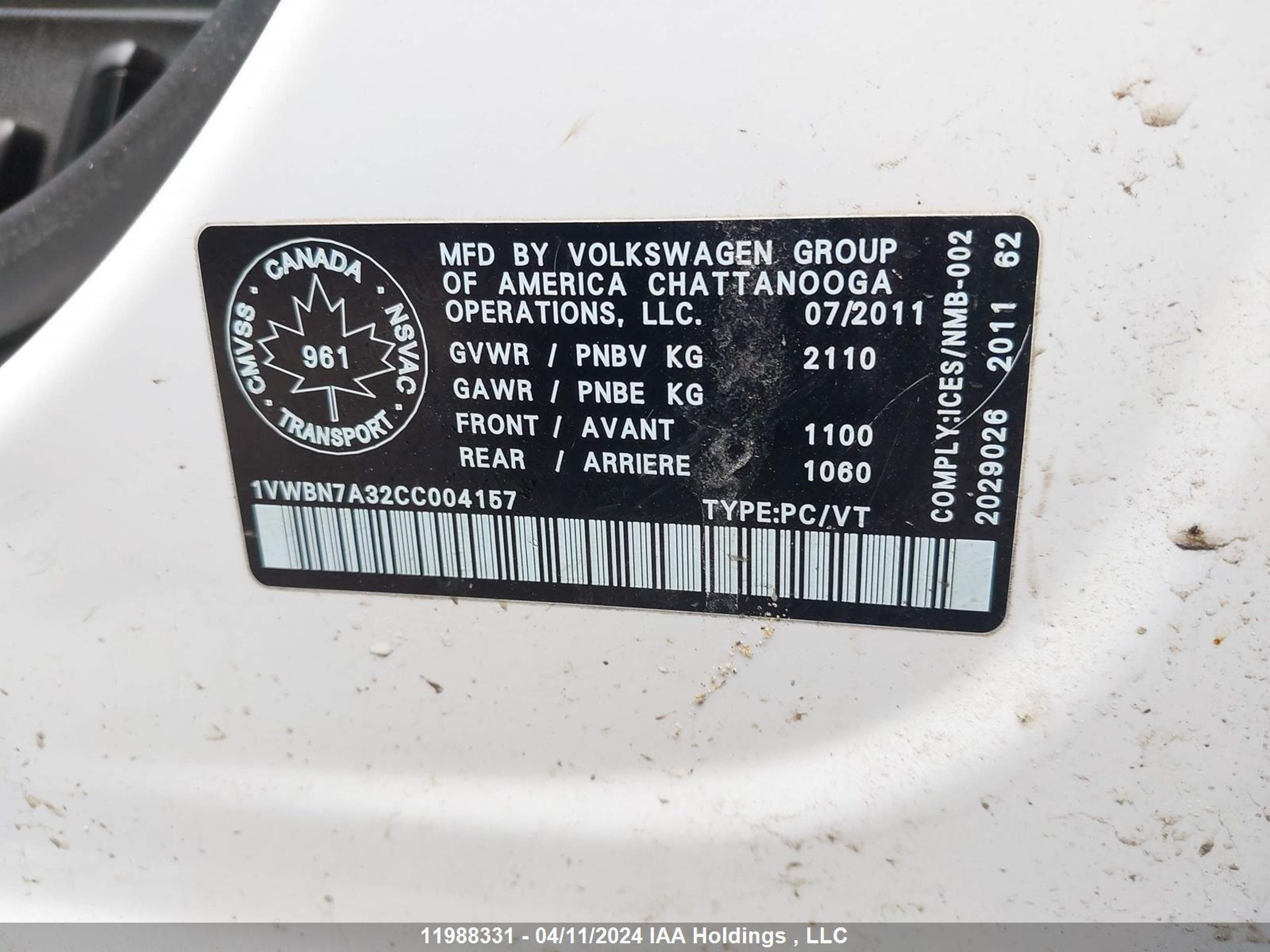 Photo 8 VIN: 1VWBN7A32CC004157 - VOLKSWAGEN PASSAT 