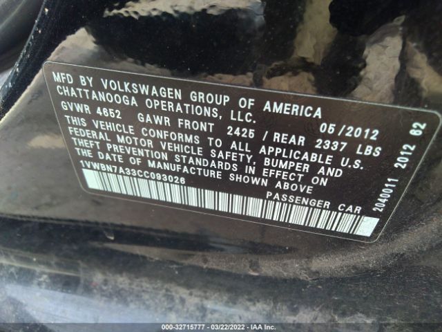 Photo 8 VIN: 1VWBN7A33CC093026 - VOLKSWAGEN PASSAT 