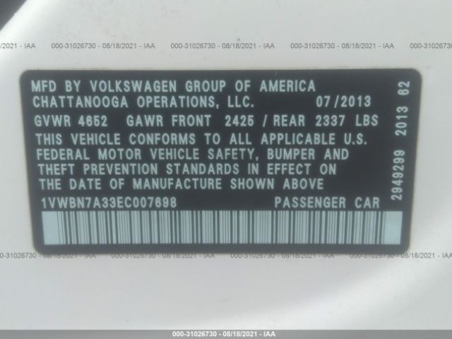 Photo 8 VIN: 1VWBN7A33EC007698 - VOLKSWAGEN PASSAT 