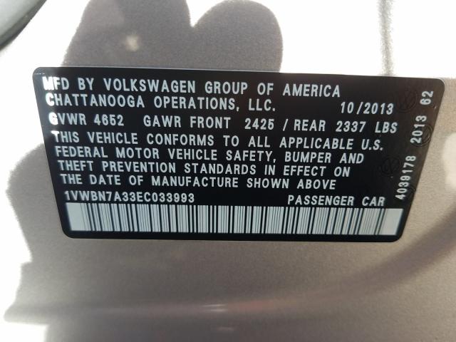 Photo 9 VIN: 1VWBN7A33EC033993 - VOLKSWAGEN PASSAT 