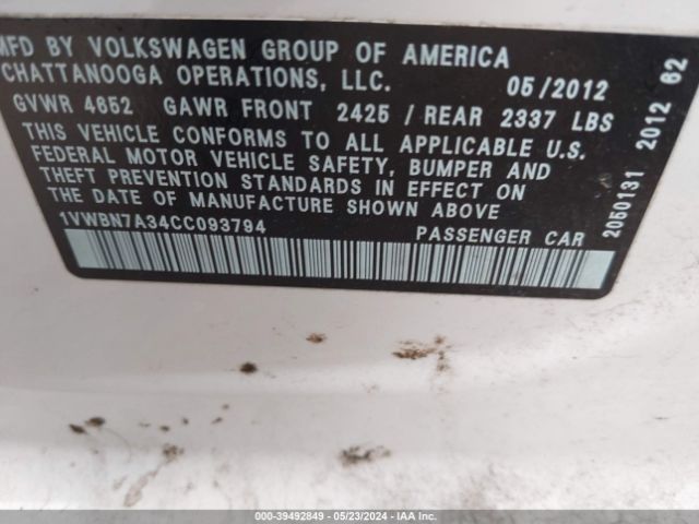 Photo 8 VIN: 1VWBN7A34CC093794 - VOLKSWAGEN PASSAT 