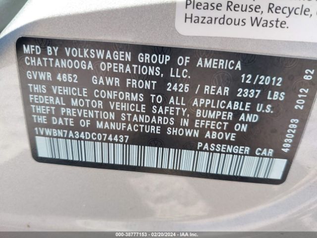 Photo 8 VIN: 1VWBN7A34DC074437 - VOLKSWAGEN PASSAT 