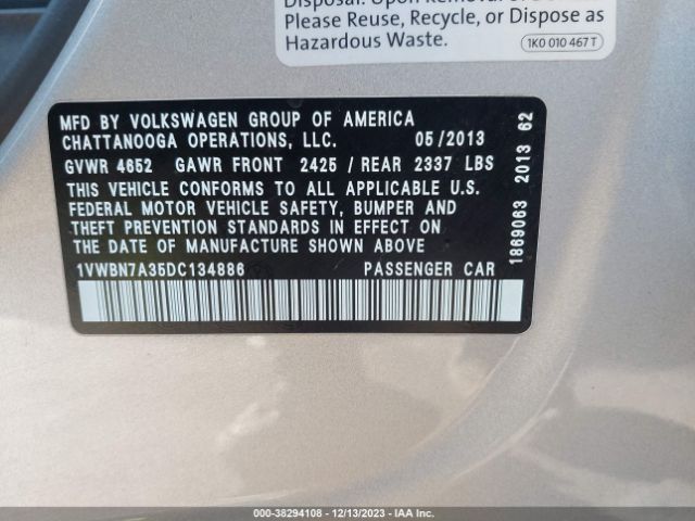 Photo 8 VIN: 1VWBN7A35DC134886 - VOLKSWAGEN PASSAT 