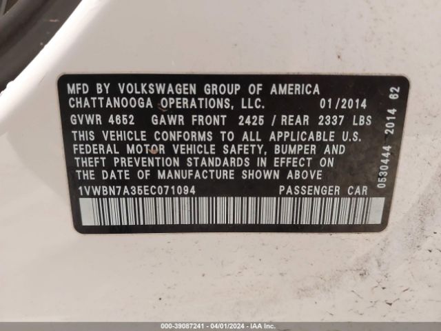 Photo 8 VIN: 1VWBN7A35EC071094 - VOLKSWAGEN PASSAT 