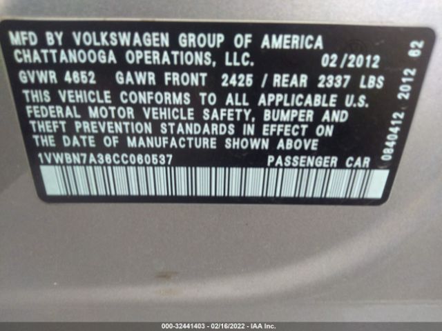 Photo 8 VIN: 1VWBN7A36CC060537 - VOLKSWAGEN PASSAT 