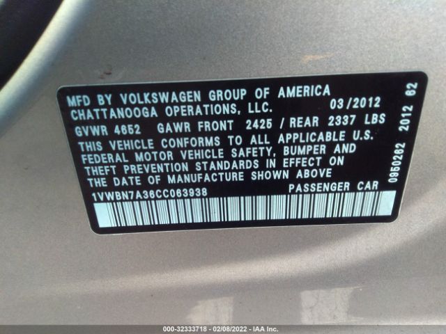 Photo 8 VIN: 1VWBN7A36CC063938 - VOLKSWAGEN PASSAT 