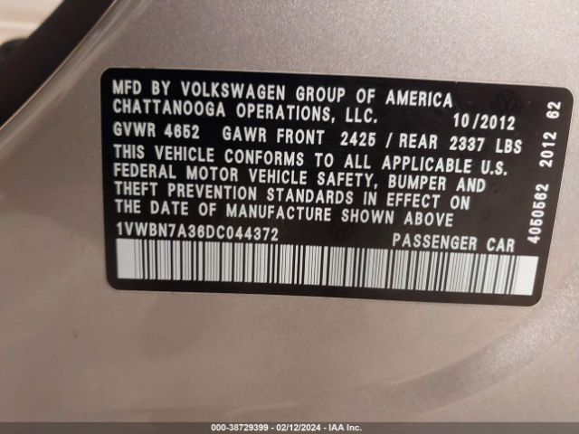 Photo 8 VIN: 1VWBN7A36DC044372 - VOLKSWAGEN PASSAT 